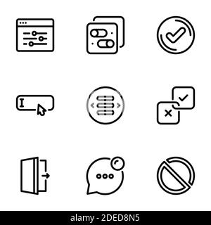 Set of black vector icons, isolated on white background, on theme Elements of the interface, buttons and pointers Stock Vector
