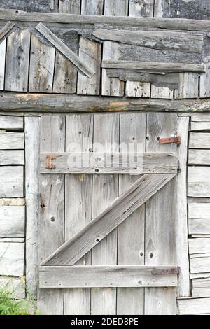 ustic barn doors, wooden planks and locks closeup, peeling paint and weathered Stock Photo