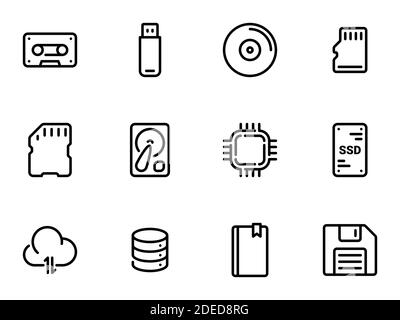 Set of black vector icons, isolated on white background, on theme Data storage Stock Vector
