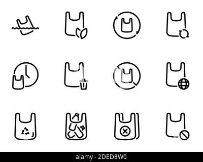 Set of black vector icons, isolated on white background, on theme plastic bags and ecology Stock Vector