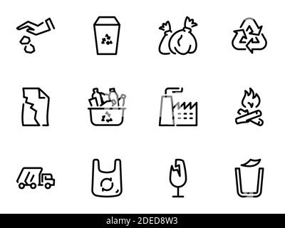 Garbage waste recycling icons, line symbols of different waste sorting ...