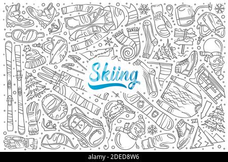 Hand drawn skiing set doodle vector illustration background Stock Vector
