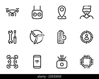 Set of black vector icons, isolated on white background, on theme Drone, for entertainment and competitions Stock Vector