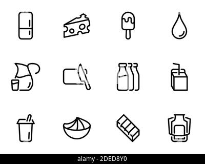 Set of black vector icons, isolated on white background, on theme Dairy products, variety and storage Stock Vector