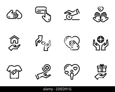 Set of black vector icons, isolated against white background. Illustration on a theme Charity and Donate Stock Vector