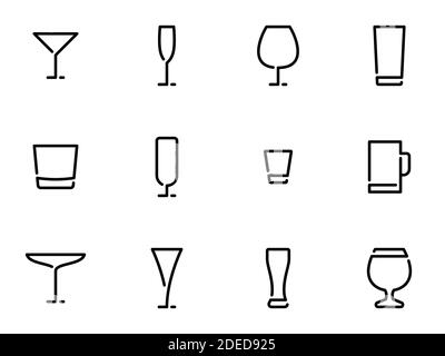 Set of black vector icons, isolated on white background, on theme Wineglass Stock Vector