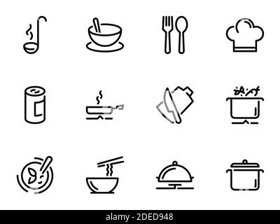 Set of black vector icons, isolated on white background, on theme Preparation of ingredients for cooking soup Stock Vector