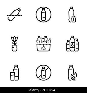 Set of black vector icons, isolated on white background, on theme Plastic, modern environmental problem Stock Vector