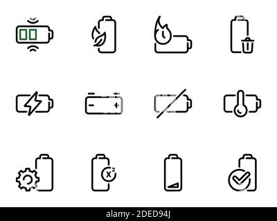 Set of black vector icons, isolated on white background, on theme Charging and using the battery Stock Vector