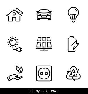 Set of black vector icons, isolated on white background, on theme Solar energy Stock Vector