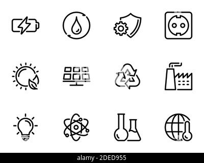 Set of black vector icons, isolated on white background, on theme Environmental energy and the production of lithium-ion batteries Stock Vector