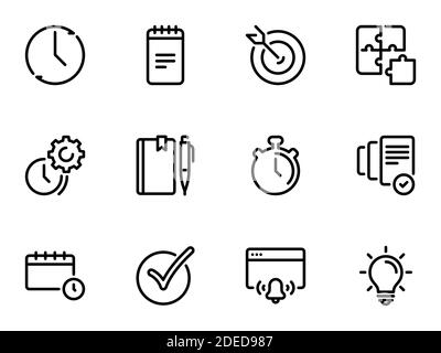 Set of black vector icons, isolated on white background, on theme Time management and personal tracking tools Stock Vector