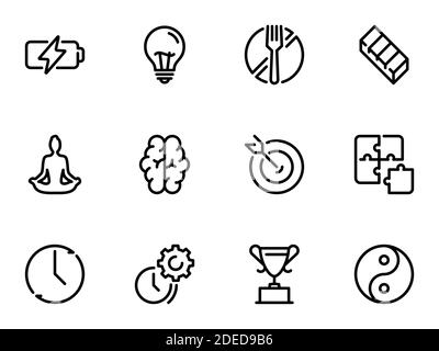 Set of black vector icons, isolated on white background, on theme Strength of will. Managing desires and time Stock Vector