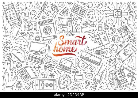Hand drawn smart home set doodle vector illustration background Stock Vector