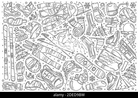 Hand drawn skiing set doodle vector illustration background Stock Vector