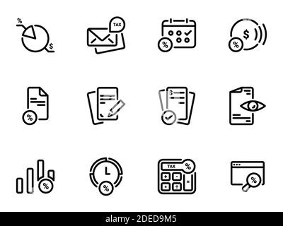 Set of black vector icons, isolated against white background. Illustration on a theme Tax instruments: calculation, documentation Stock Vector