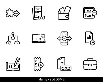 Set of black vector icons, isolated against white background. Illustration on a theme Tax Instruments and Payments Stock Vector