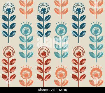 Scandinavian folk style flowers - seamless floral pattern based on traditional folk art ornaments, sweden nordic style. Vector illustration. Simple re Stock Vector