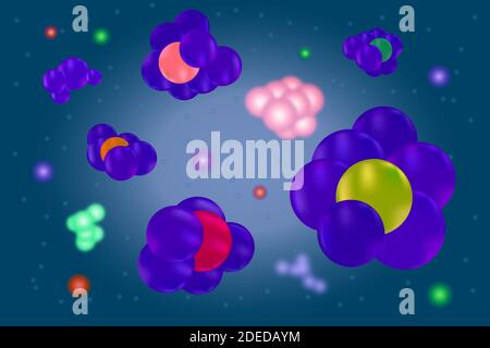 Molecules of blue background.Background with colorful atoms or cell. Medical banner or flyer.Molecular structure with blue spherical particles.Vector Stock Vector