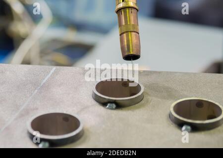 Industrial welding robot for gas metal arc welding at robotic exhibition Stock Photo