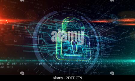 Cyber security concept with padlock symbol, computer protection and system safety icon. Futuristic abstract 3d rendering illustration. Stock Photo