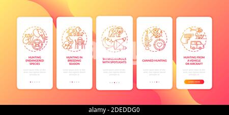 Illegal hunting red onboarding mobile app page screen with concepts Stock Vector