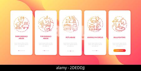 Animal abuse red onboarding mobile app page screen with concepts Stock Vector