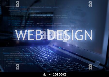 Web design inscription against laptop and code background. Learn web design, computer courses, training. Stock Photo
