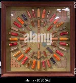 Knighsbridge, London, UK. 30 November 2020. Preview of Bonhams' Antique Arms, Modern Sporting Guns & Exceptional Firearms sale in London. The sale will be held on 3 December. Image: A framed Cartridge Display Board, estimate £500-700. Credit: Malcolm Park/Alamy Live News. Stock Photo