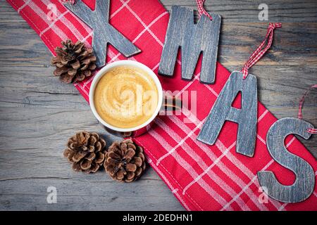 Coffee Christmas concept on wooden background. Stock Photo