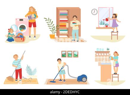 Cute kids doing housework, cleaning house, doing laundry, flat vector isolated illustration. Household chores. Stock Vector