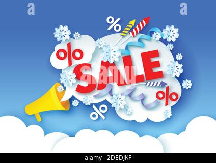 Christmas sale poster, banner design template. Vector illustration in paper art craft style. Stock Vector