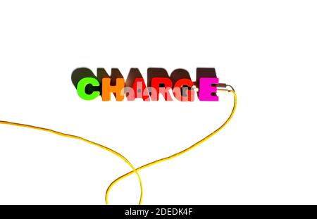 Word text Charge by wooden colorful letters inscription, strung on a lace, in refill, filling, recharge, loading sense Stock Photo