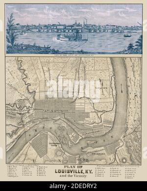 Old map of Louisville, Kentucky, from circa 1870. Show surrounding community and the Ohio River. This is an enhanced, restored reproduction of an old map. It features a blue-toned panorama image of the city and the Ohio River. Stock Photo