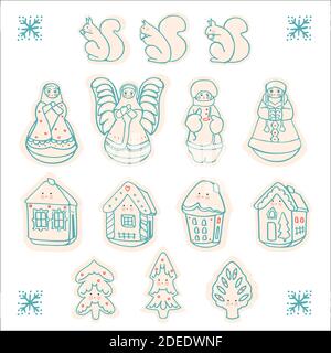 Winter Christmas Decoration Kawaii Toys. Vector Illustration Set. Brush Pen Design. Home Decor, Gift, Wrapping Paper, Fabric. Vector EPS 10 Design. Stock Vector