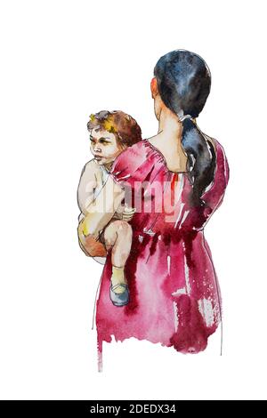 Mother holding her son on her hands, original concept watercolor maternity illustration family feeling on the walk Stock Photo