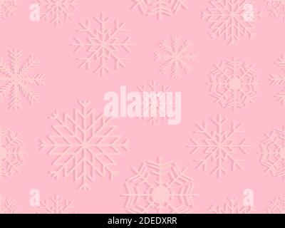 Seamless snowflakes light pink background. Snowflakes with shadow, pastel colors. Christmas ornaments for greeting cards, wrapping paper, banners and Stock Vector