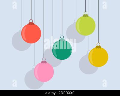 Hanging Christmas balls with shadow in retro style. Christmas ornaments for greeting cards, wrapping paper, banners and posters. Vector illustration Stock Vector