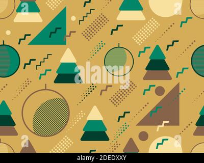 Christmas seamless pattern with geometric shapes in the style of the 80s. Christmas balls and Christmas trees with triangles, circles and for brochure Stock Vector