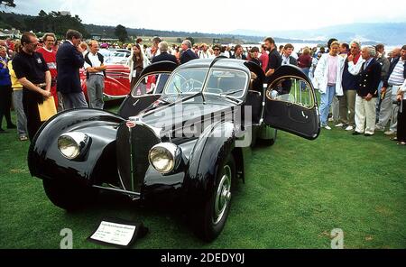 Ralph Laurens 1937 Bugatti Type 57SC Atlantic being showed at the  Pebble Beach Concours 1990 Stock Photo