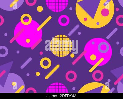 Seamless pattern with geometric shapes in the style of the 80s. Multi Colored vintage background with triangles, circles and squares for brochures, ba Stock Vector