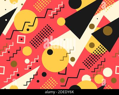 Seamless pattern with geometric shapes in the style of the 80s. Multi Colored vintage background with triangles, circles and squares for brochures, ba Stock Vector