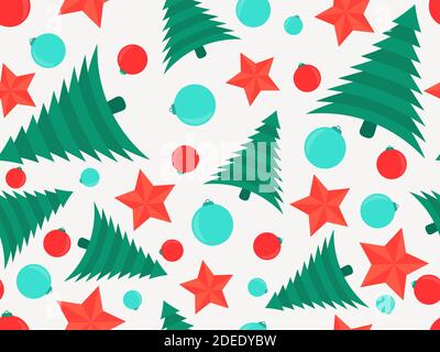 Seamless pattern Christmas tree and Christmas Balls with stars. Xmas ornaments for greeting cards, wrapping paper, banners and posters. Vector illustr Stock Vector