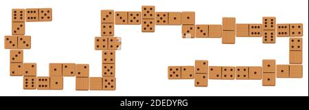 Domino line after play, complete finished game set with all 28 wooden pieces or bones - illustration on white background. Stock Photo
