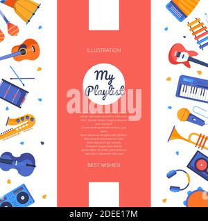 My playlist - colorful flat design style banner with copy space for text. Images of isolated musical instruments, guitars, saxophone, drums, maracas, Stock Vector
