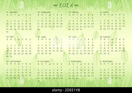 2021 wall annual calendar template in a cute botanical ecostyle. Calendar design concept with hand drawn font type and green leaves. Week Starts on Sunday Stock Vector