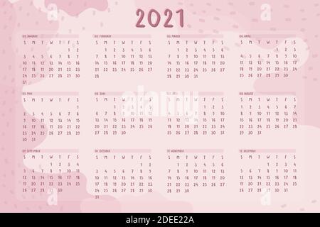 2021 year wall annual calendar template cute minimalist style. Abstract pink hand drawn spots dots lines. Week Starts on Sunday Stock Vector