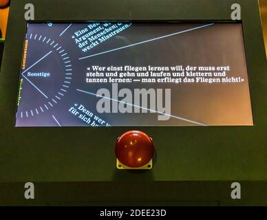 Nietzsche exhibition in the Basel Historical Museum, Switzerland. Nietzsche's aphorisms still fit many situations today. In the Basel exhibition, there is a buzzer-printing vending machine that dispenses Nietzsche quotes to take home Stock Photo