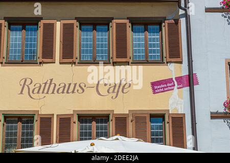 Many buildings in Staufen are permanently damaged by uplift cracks caused by geothermal drilling. Staufen-Münstertal, Germany Stock Photo