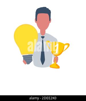 Businessman or clerk holding a winner cup and a lightbulb. Male character in simple style, flat vector illustration. Business concept. Isolated on Stock Vector